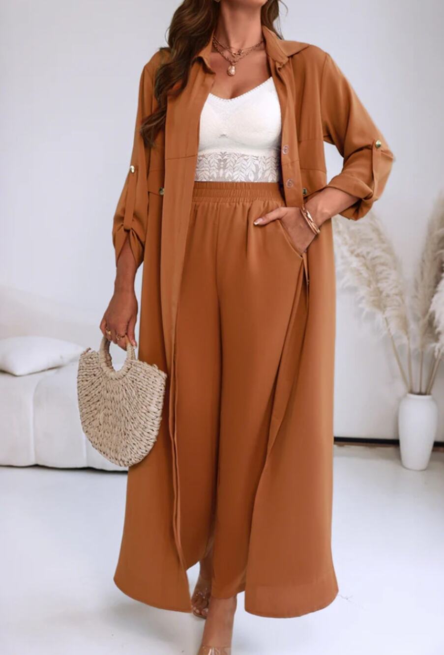 ChicMe Camel Brown Duster & Wide Leg Pant Set XL Minimalist Resort Lounge Set
